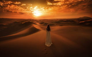 Woman white dress desert sunset - above her free wallpaper for desktop