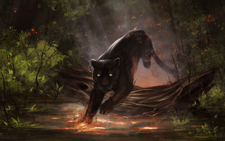 Black panther forest fire autumn - a black panther free wallpaper