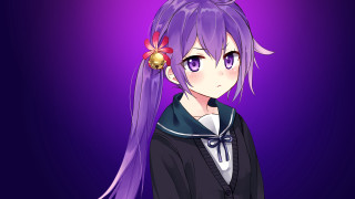 Anime girl purple hair flower 2 - a black bow tie free wallpaper for desktop
