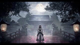 Woman bridge forest lanterns moon - eishōsai chōki free wallpaper