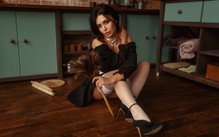 Woman sitting broom hat victorian - free vintage wallpaper