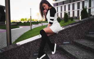 Woman white dress black boots 3 - a set of stairs free wallpaper