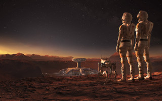 Desert couple dog space station - matte painting concept art free wallpaper