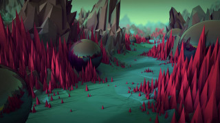 Red trees rocks river green - a green sky free wallpaper for desktop