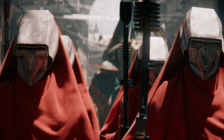 Two people red robes helmet - a street corner free wallpaper