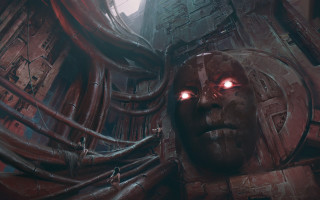 Creepy glowing eyes dystopian cityscape - a giant clock free wallpaper