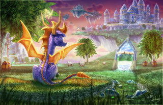 Dragon field castle dog sitting - free fantasy wallpaper