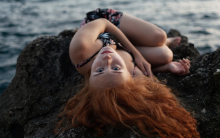 Woman rock ocean relaxing blonde - a rock next free wallpaper