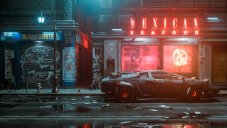 Car neon street building cyberpunk - the side of a street next free wallpaper