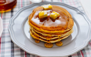 Pancakes syrup bananas plate tea - food photography free wallpaper for desktop