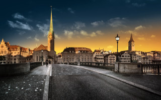 Cityscape clocktower sunset clouds bridge - a clock tower in the background free wallpaper