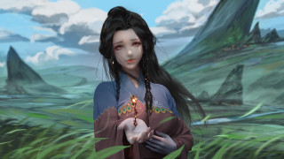 Woman candle field grass rocks - art station free wallpaper