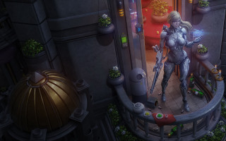 Futuristic city woman armor weapon - a balcony free wallpaper for desktop