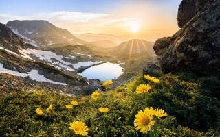 Mountain lake yellowflowers sky sunset - the foreground and a mountain range in the background free wallpaper for desktop