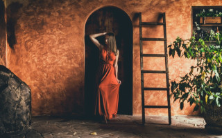 Woman red dress doorway ladder 2 - a ladder free wallpaper