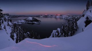 Lake snowy trees fullmoon night - a few star above free wallpaper