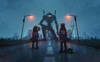 City robot rain night neon - league of legends concept art free wallpaper for desktop
