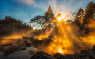 River steam sunset trees rocks - steam free wallpaper