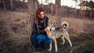 Woman dog forest nature portrait - animal free wallpaper for desktop