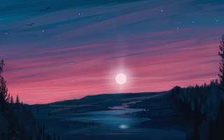 Sunset moon lake trees matte - a painting of a sunset free wallpaper