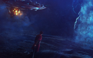 Cave man spaceship light aurora - cedric peyravernay free wallpaper