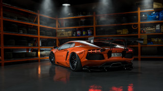 Sports car garage lit shelves - shelf free wallpaper