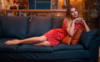 Woman red dress couch living - a blue couch free wallpaper
