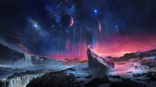 Mountain landscape waterfall starry sky - sky in the background free wallpaper for desktop
