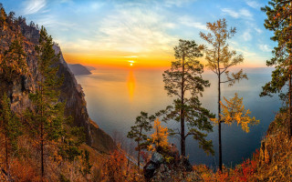 Sunset lake mountain trees cliff - the side of it free wallpaper