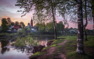 River path church sunset nature - a church in the background free wallpaper