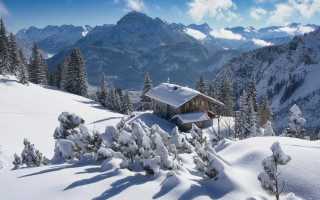 Snowy cabin mountains forest blue - the mountain free wallpaper