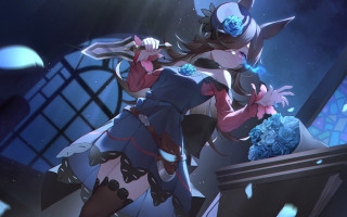 Woman costume sword blueflower night - a woman in a costume holding free wallpaper for desktop