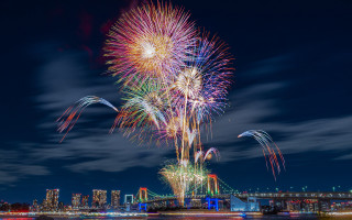 Fireworks city skyline bridge night - aya goda free wallpaper
