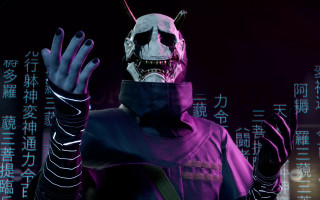 Man purple creepy mask cyberpunk - front of him free wallpaper