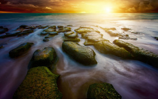 Longexposure sunset rockybeach waves cascading - a long exposure of a sunset over a rocky beach free wallpaper