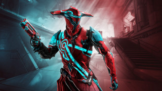 Futuristic warframe armor red suit - a red suit holding free wallpaper