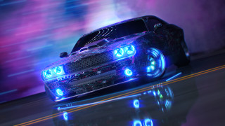 Cyberpunk car neon lights reflection - the ground in the foreground free wallpaper