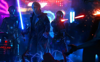 Group people dark room robot - cinematic concept art free wallpaper for desktop