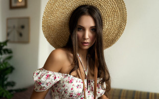 Woman strawhat couch plant fashion - aestheticism free wallpaper