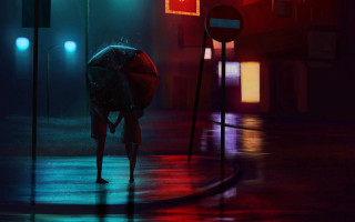 Night street umbrella moon planet - alena aenami free wallpaper for desktop