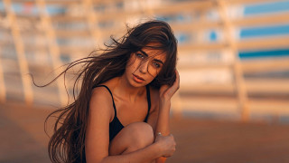 Woman beach blackbikini blowinghair portrait - a black bikini free wallpaper for desktop