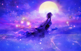 Woman dress fireworks moon aurora - dreamlike free wallpaper for desktop