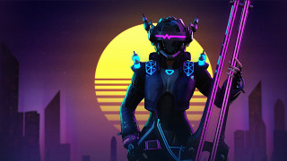 City skyline synthwave cyberpunk solo - the sun behind them free wallpaper