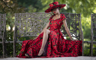 Woman red dress hat park - a red dress and hat free wallpaper