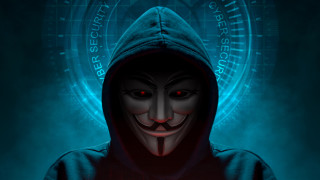 Creepy hooded face glowing red - free cyberpunk wallpaper for desktop