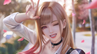 Blonde long hair choker anime - pink petal free wallpaper