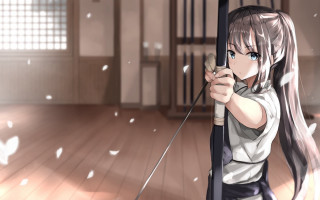 Girl long hair bow arrow 3 - anime art style free wallpaper for desktop