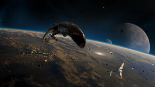 Space station flying over planet 3 - scifi free wallpaper for desktop