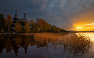 Lake church sunset clouds autumn - andrey ryabovichev free wallpaper
