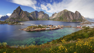 Island bridge boats mountains landscape - artur grottger free wallpaper